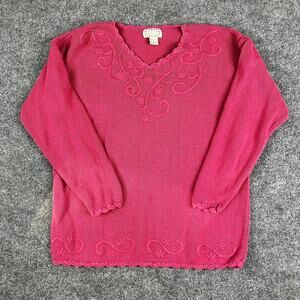 Cotton Collectables Sweater Women Large Pink Floral Embroidered Knit Top Grandma